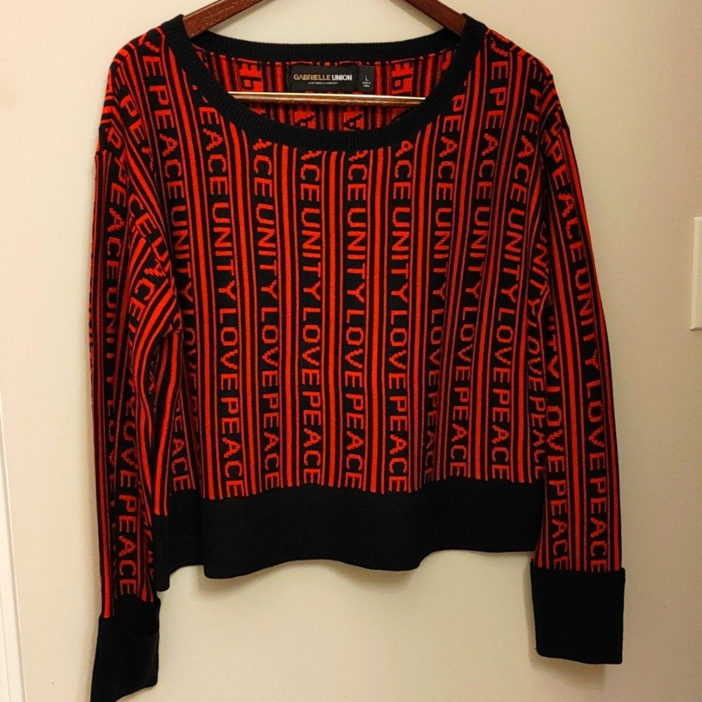 New York & Company Peace, Unity & Love sweater by Gabrielle Union